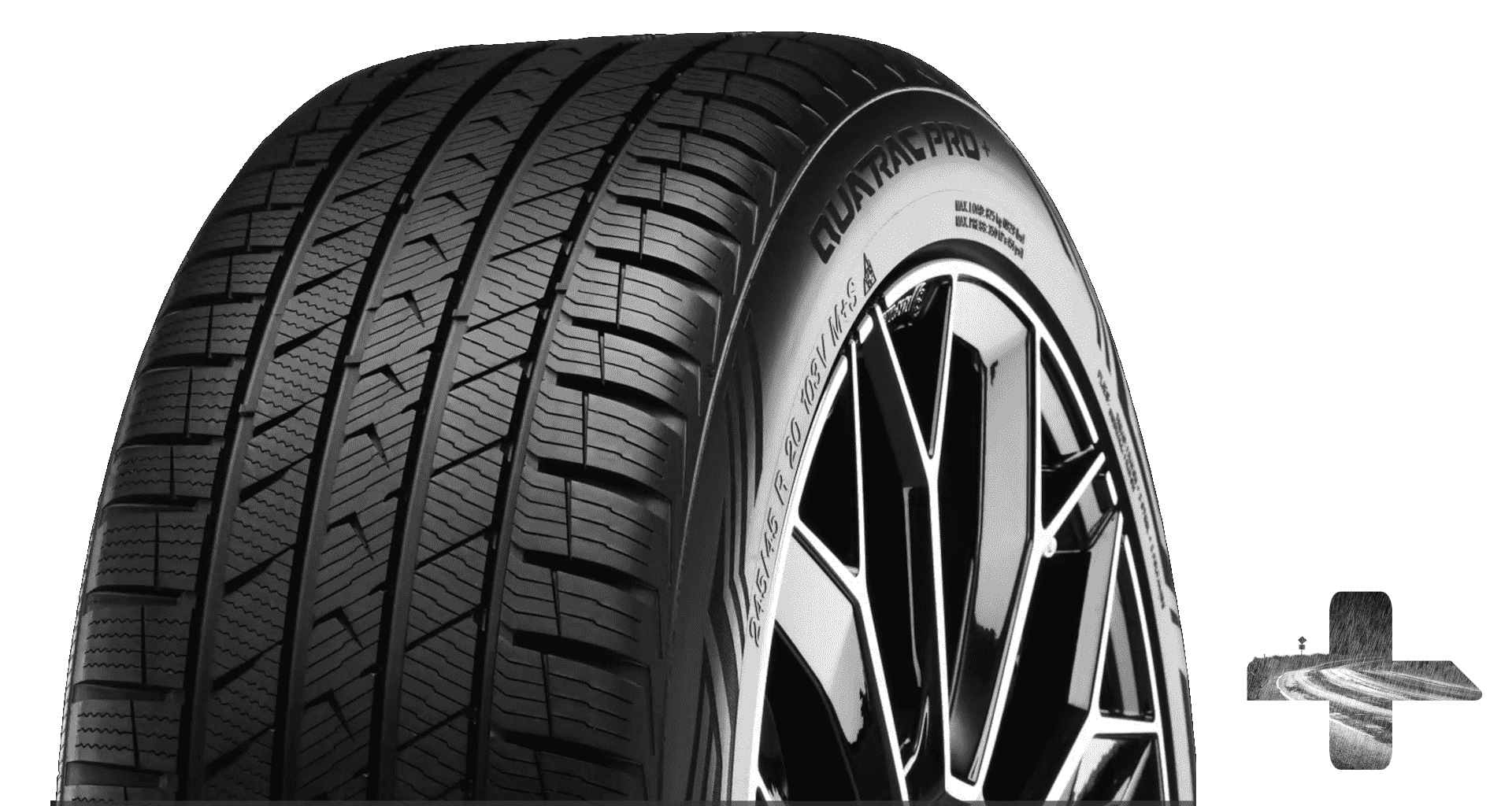 Teilweise Seiten- und Vorderansicht des Reifens mit sichtbarem Schriftzug „Quatrac Pro +“ und mit einem Plus-Symbol, das eine verregnete Straße in der unteren rechten Ecke anzeigt.